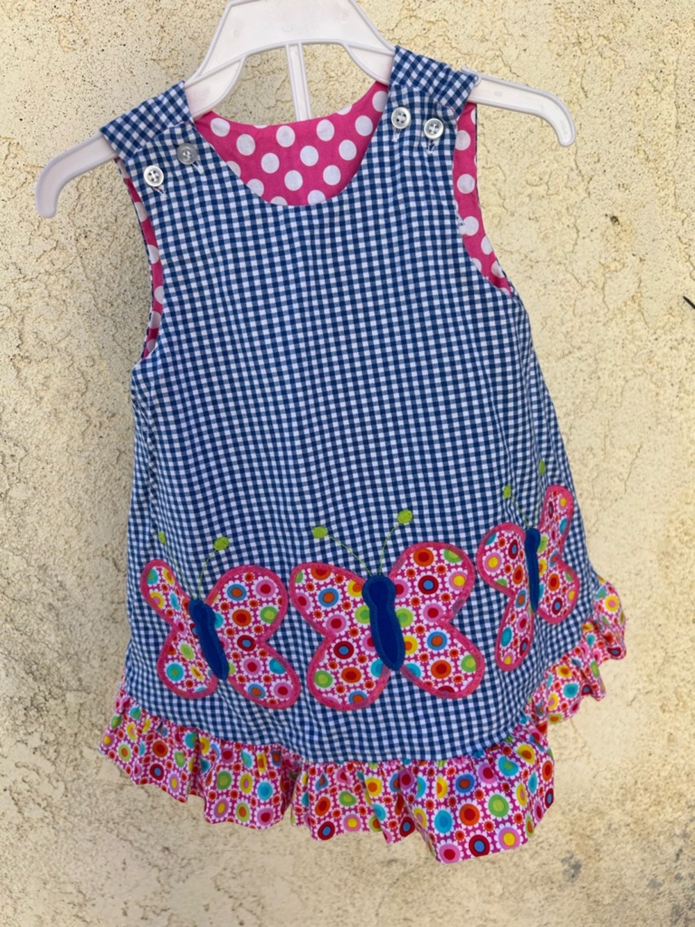 Vintage reversible Blue Gingham Butterfly Appliqué Sundress for Girls